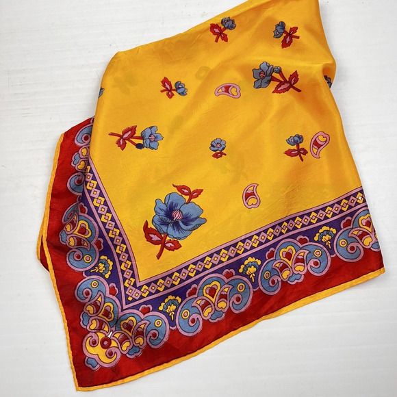 Vintage Paris Neckwear Co Scarf Gold Red 26.5" Square Floral Head Neck Fashion - Picture 6 of 6